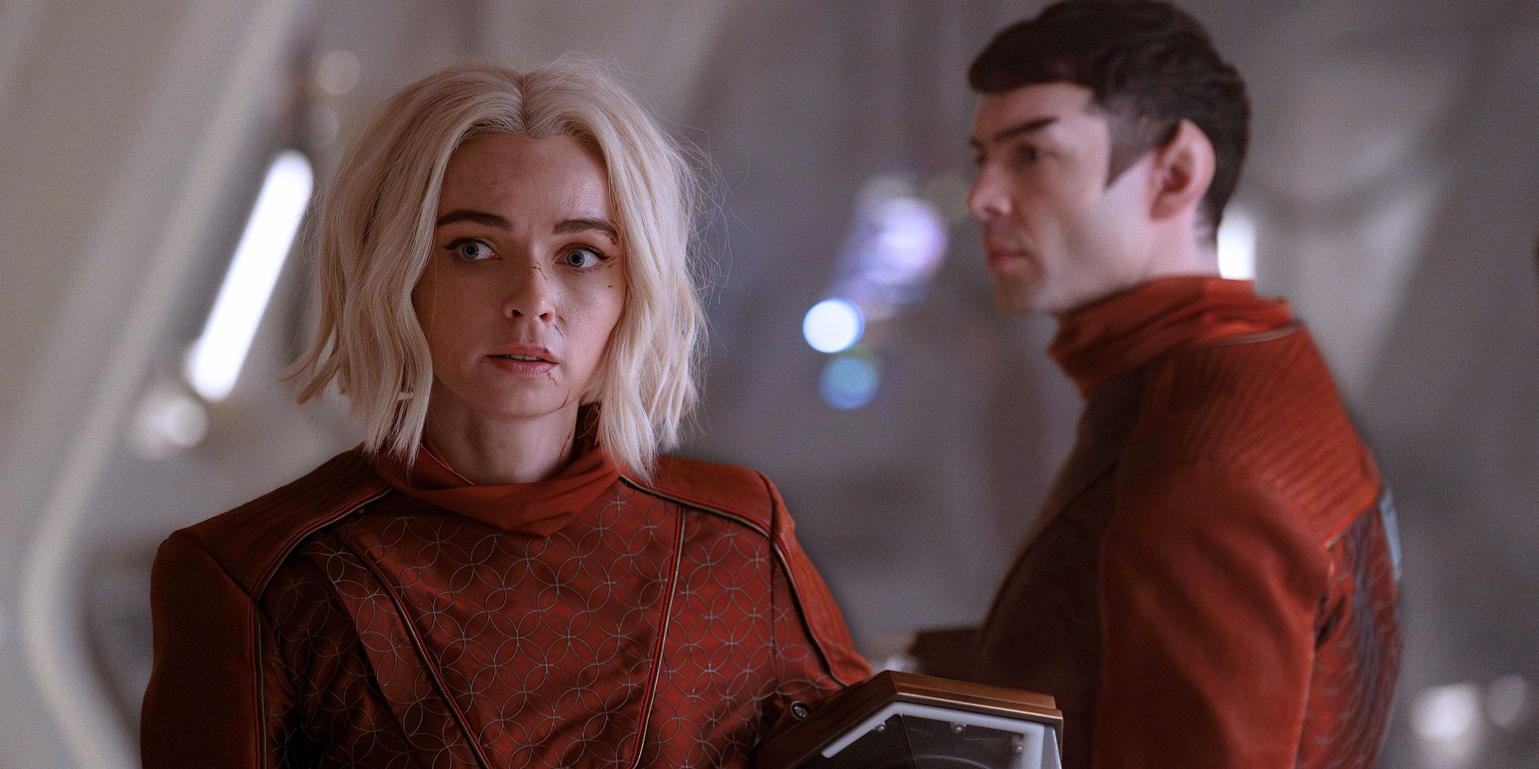 Christine Chapel and Spock in red medical uniforms from Star Trek Strange New Worlds