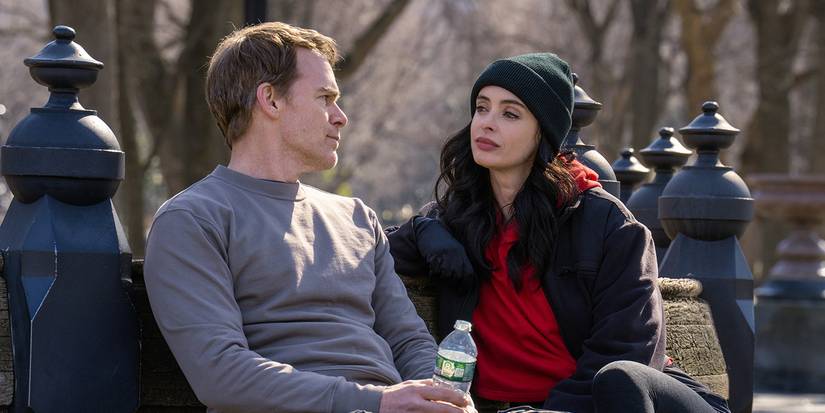 Dexter and Mia speak on a dexter park bench: Resurrection.
