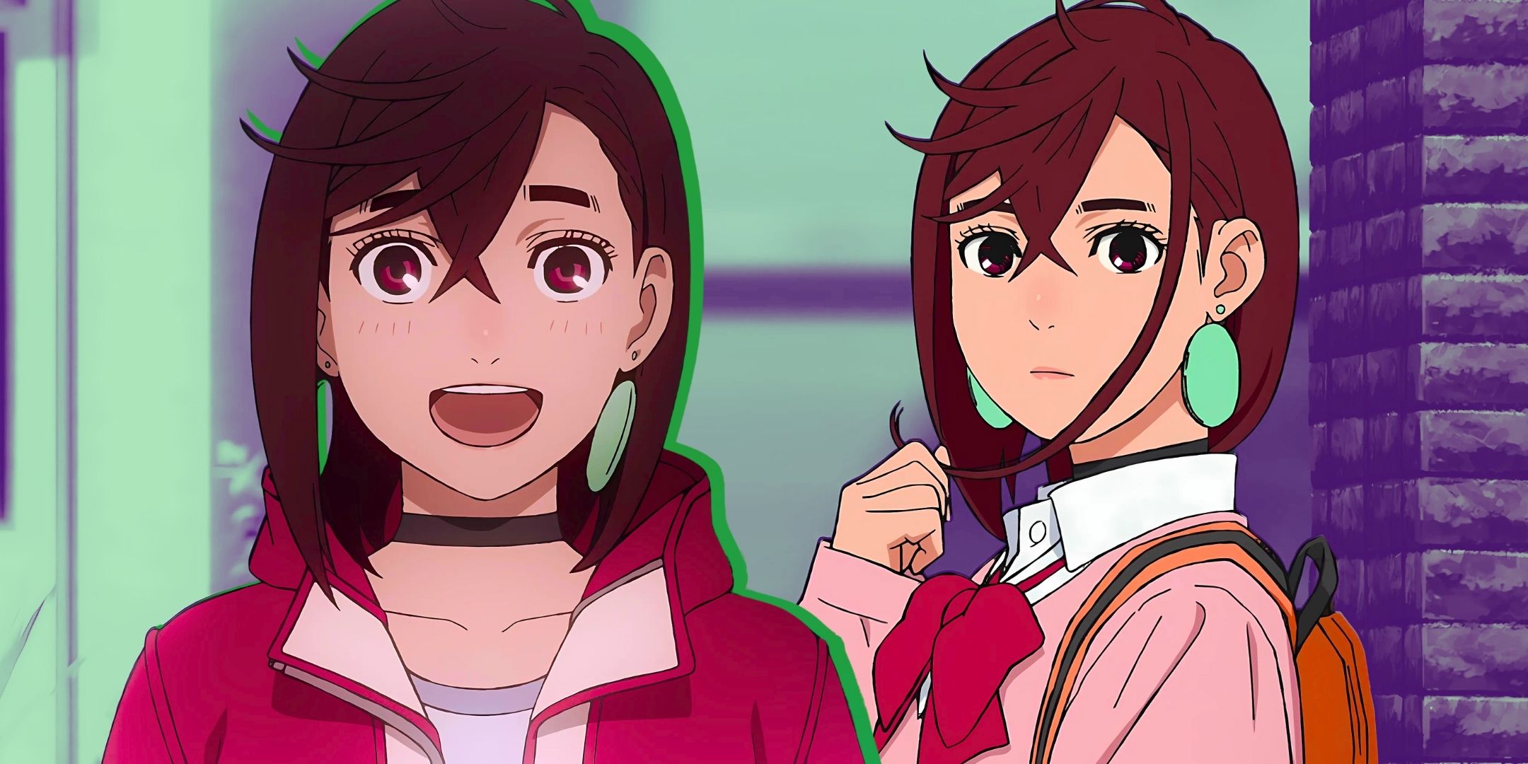 Un collage que muestra a Momo Ayase en un atuendo civil y MOMO en el uniforme escolar de Dandadan