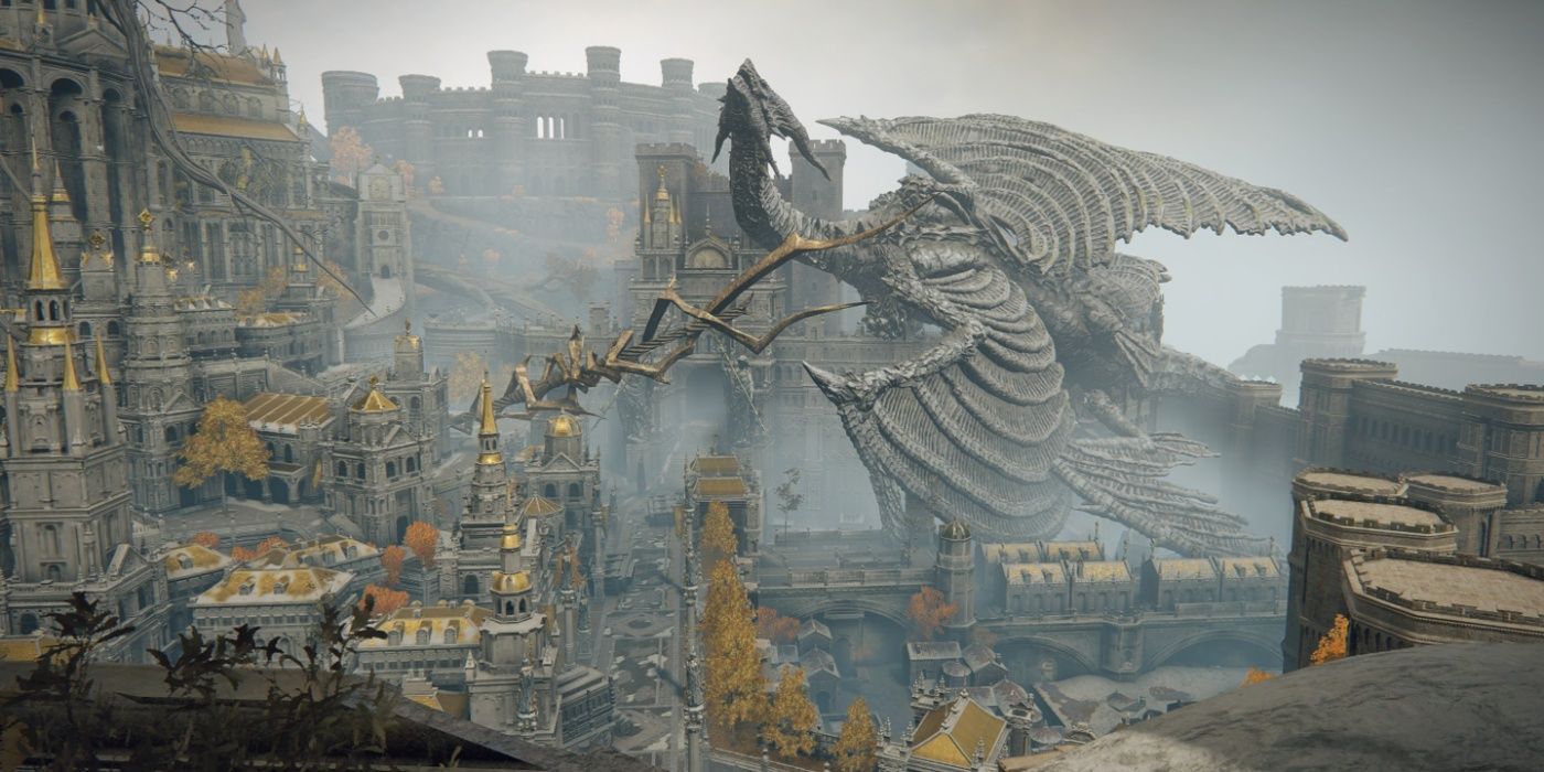 A wide shot of the capital city of Leyndell in Elden Ring, with the Ancient Dragon Gransax's frozen body near the center.