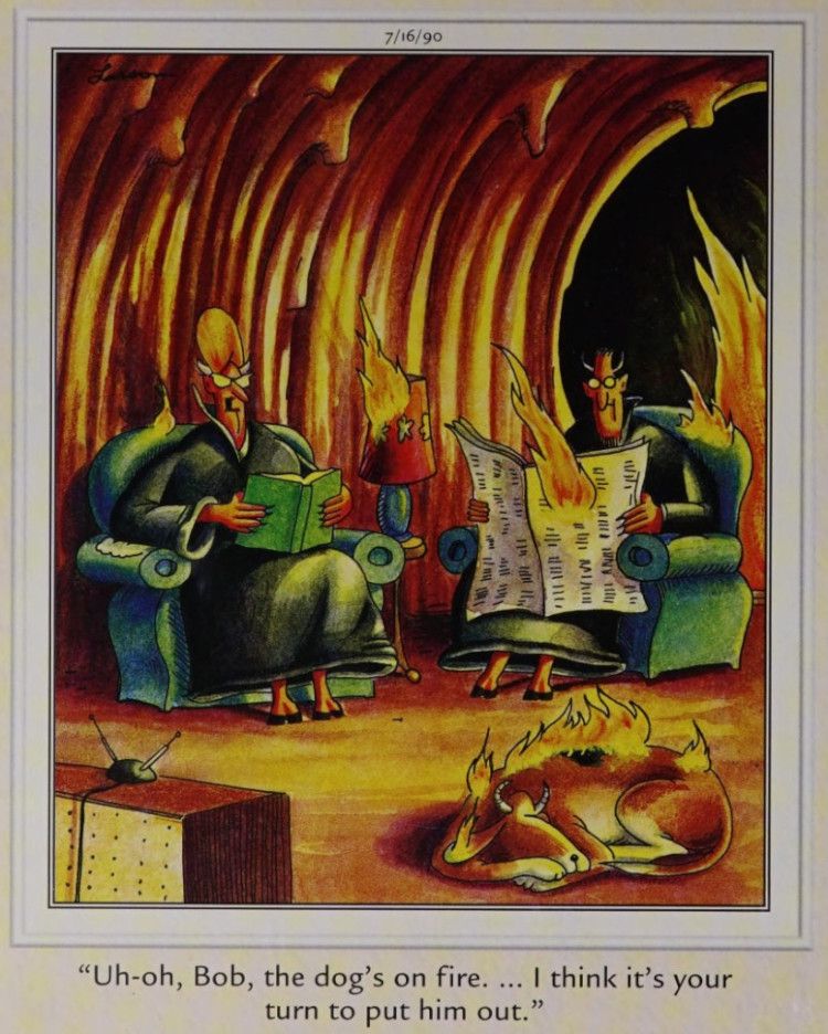 Um cachorro em chamas no inferno