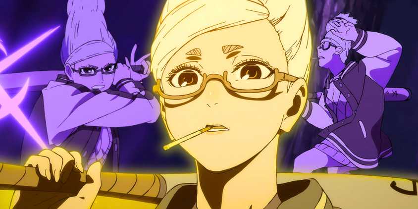 A collage featuring Central image of Granny Seiko in front, surrounded by images of Granny Seiko in combat from Dandadan