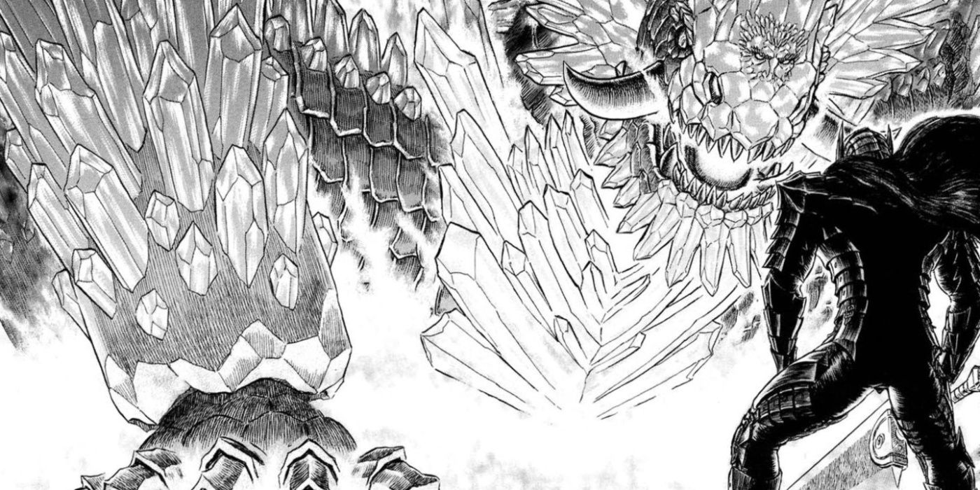 The knight of Griffith Grunbeld in his draconic form Apostle fighting the guts in his Berserker armor.
