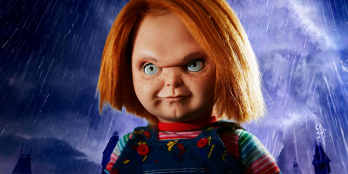 Chucky with Wednesday poster on the background
