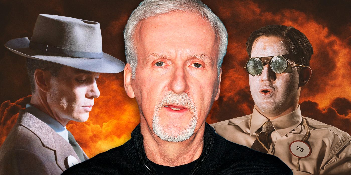James Cameron con imágenes Oppenheimer en el fondo