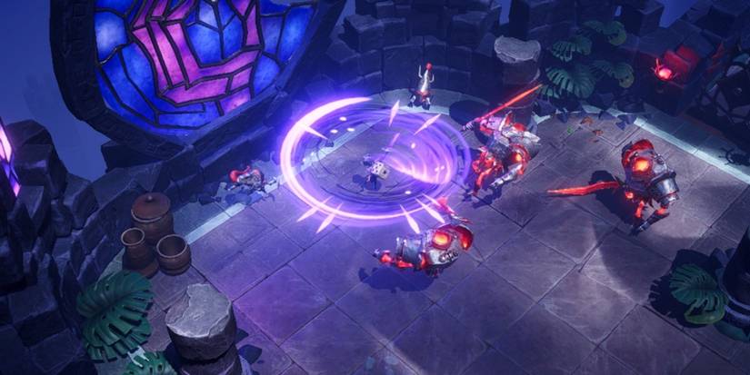 Gameplay descending from Lost in Random: The Eternal Die with Aleksandra fighting a group of enemies.