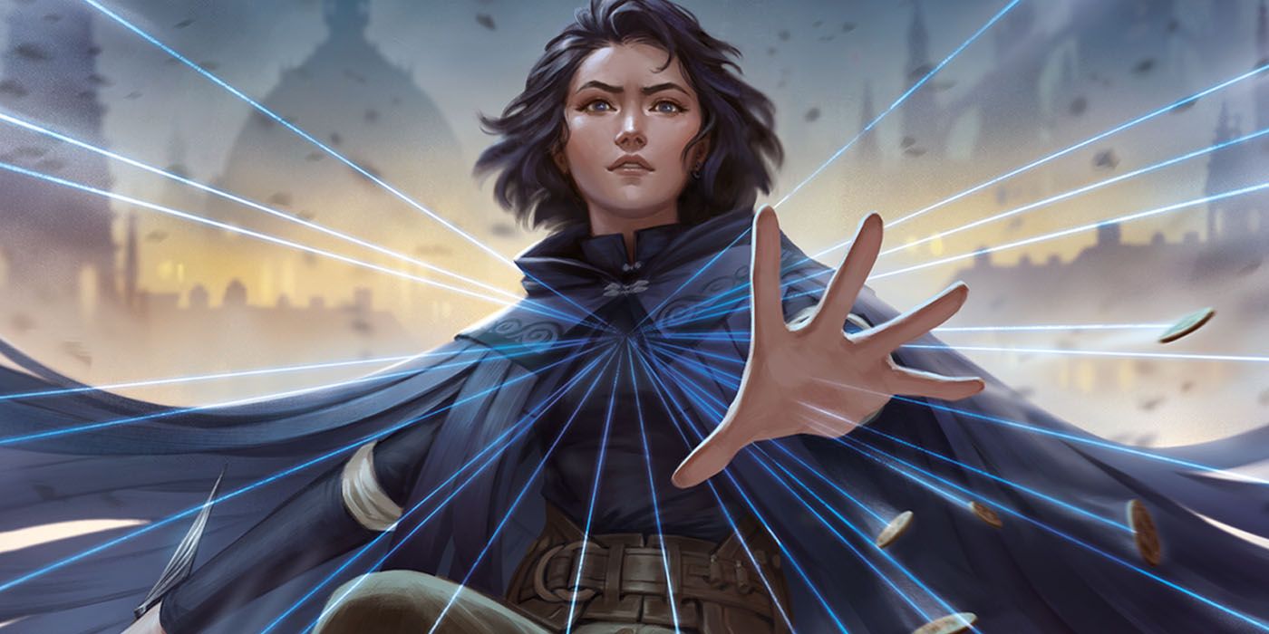 A mage reaches out her hand on the Mistborn The Deckbuilding Game Cover
