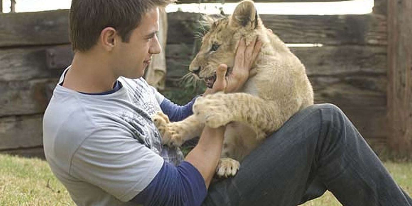 Jesse Weller plays with a lion cub in Life Is Wild