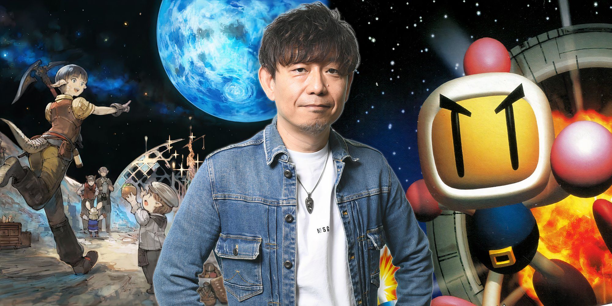 Naoki Yoshida stands In front of promotional images for Final Fantasy XIV and Bomberman 64 The Second Attack