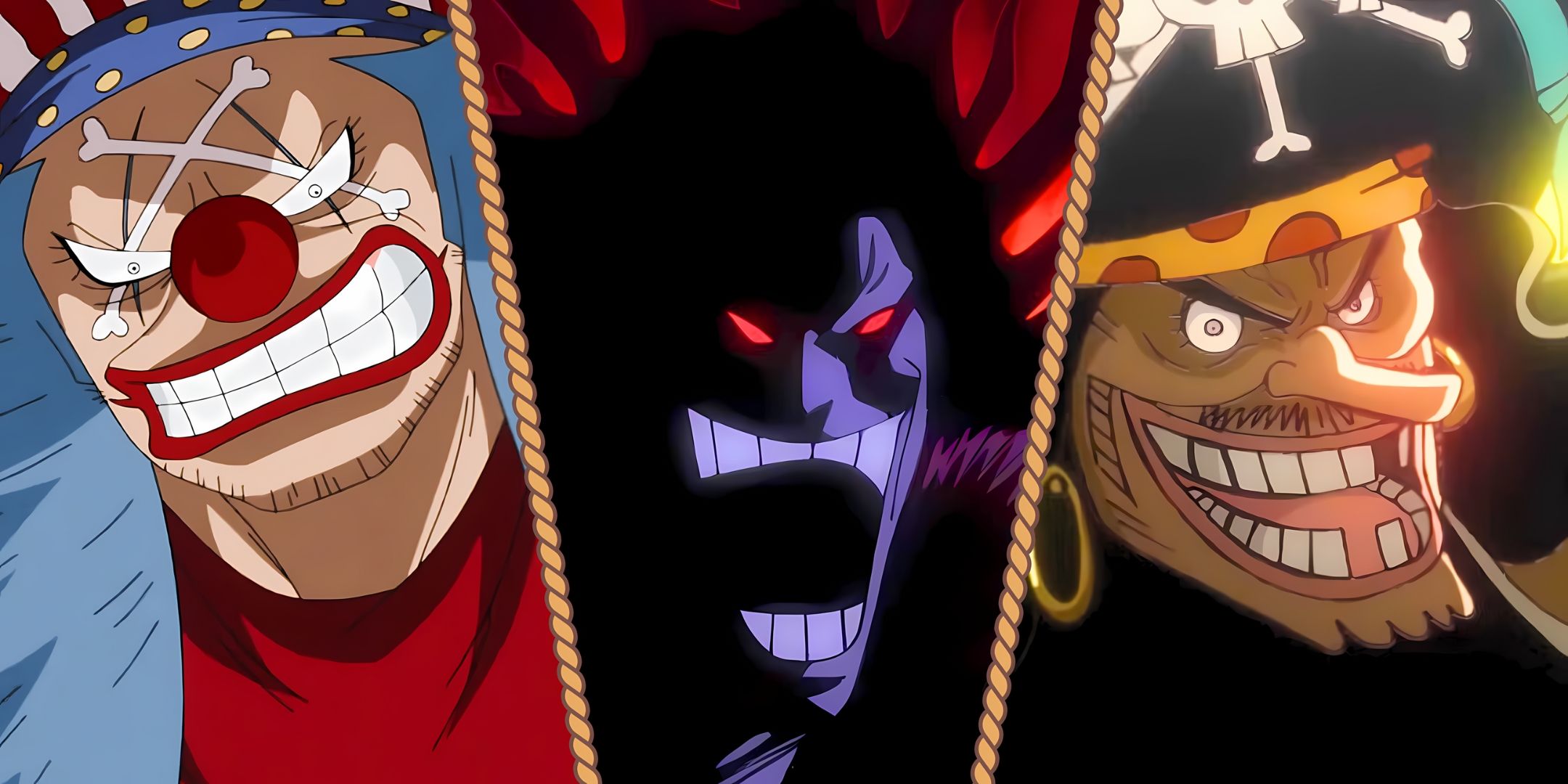 A split image featuring Rocks D. Xebec, Buggy the clown looking villainous, Captain Blackbeard from One Piece