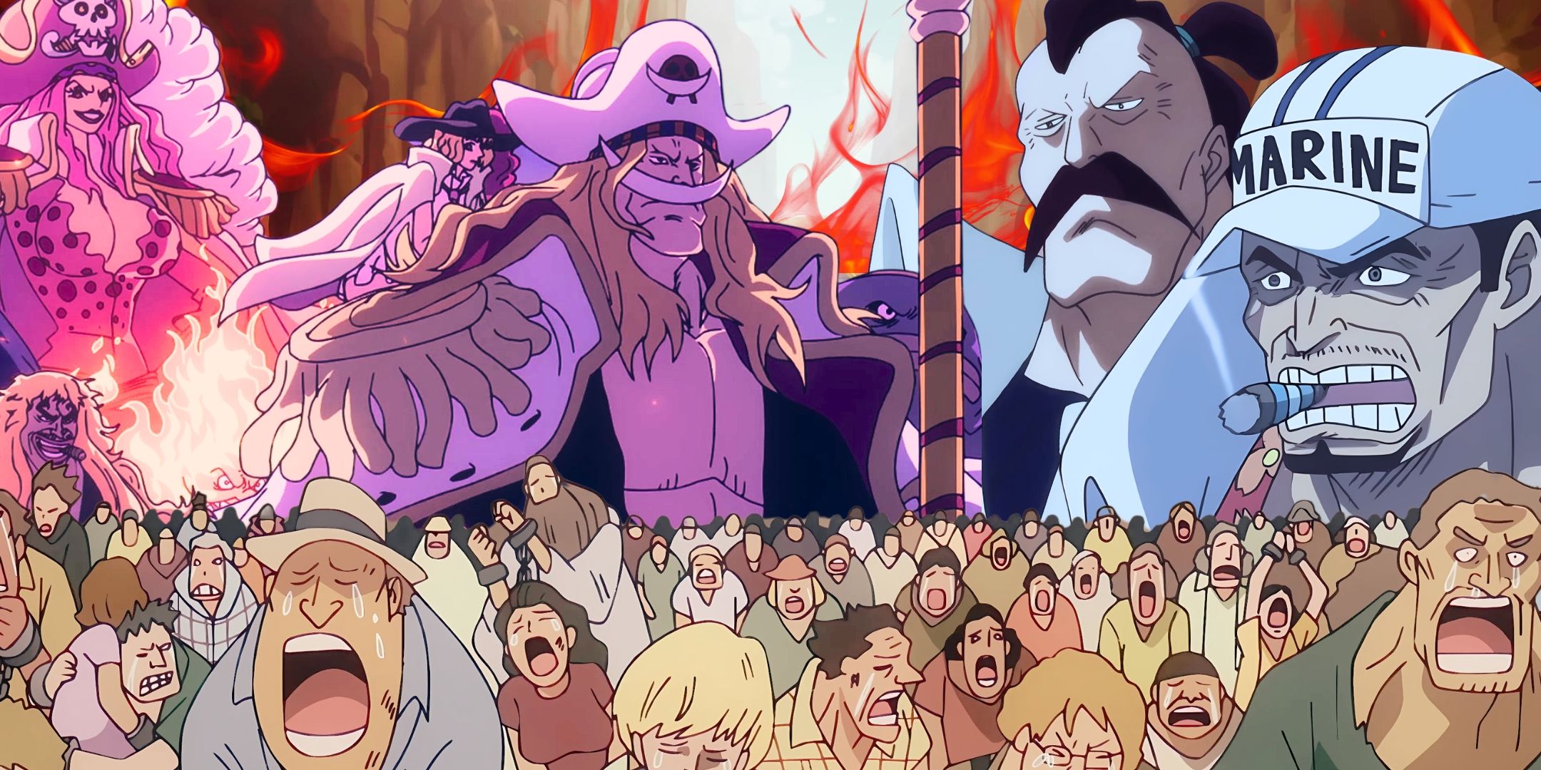 A collage of pirates and marines with a scared civilians in the middle from One Piece