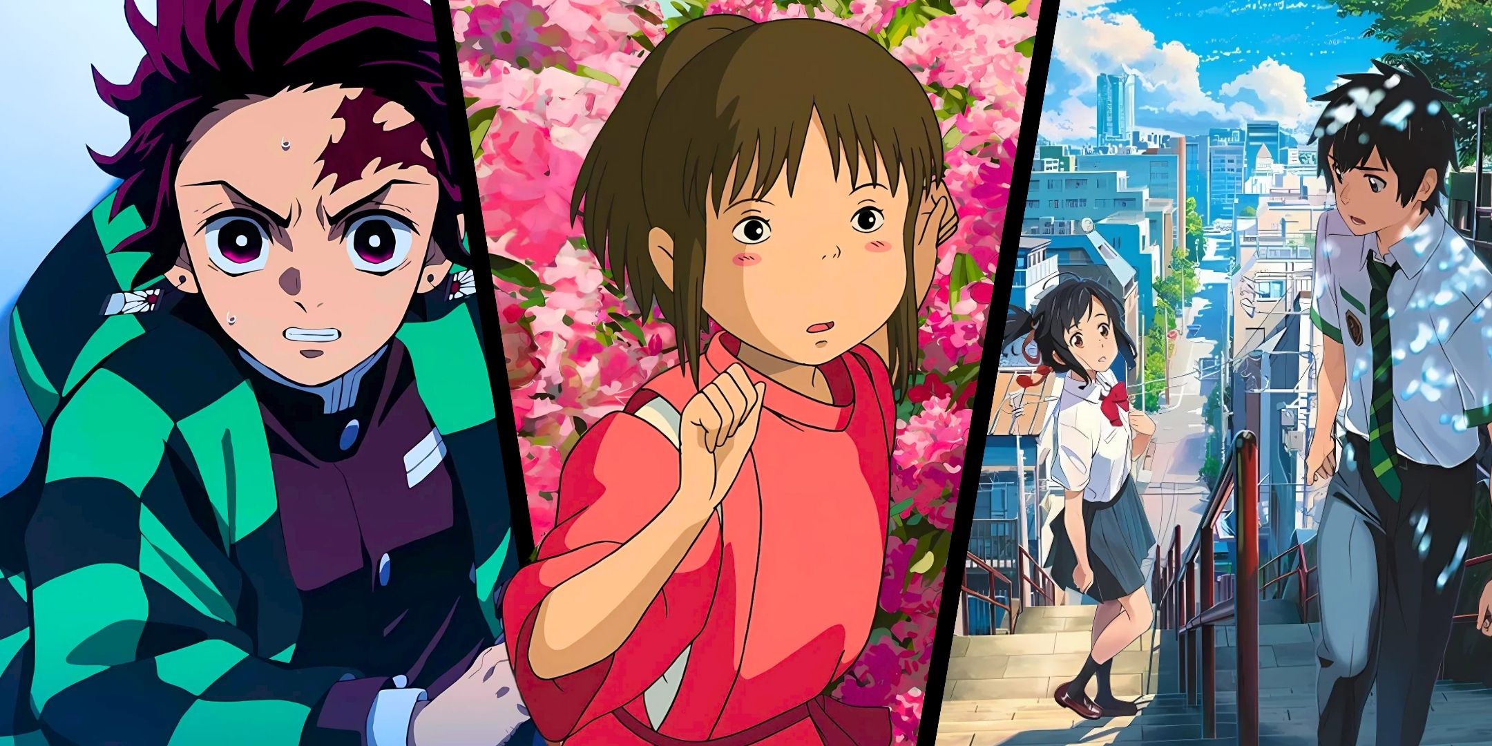 Tanjiro of Demon Slayer, Chihiro / Sen of your name and the collage of anime of your name and Taki