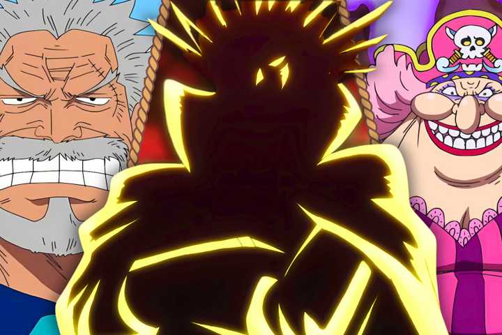 A split image featuring Rocks D. Xebec, Big Mom and Monkey D. Garp from One Piece