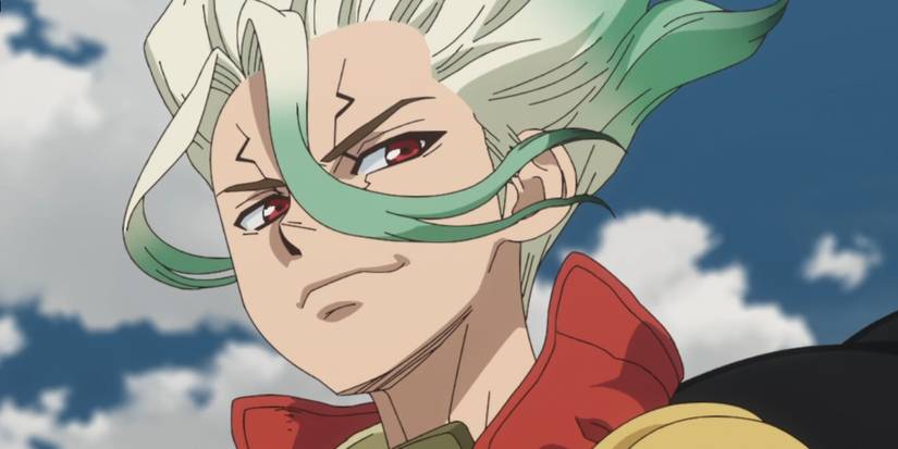 Senku looks smug in a red outfit in the Dr. Stone anime
