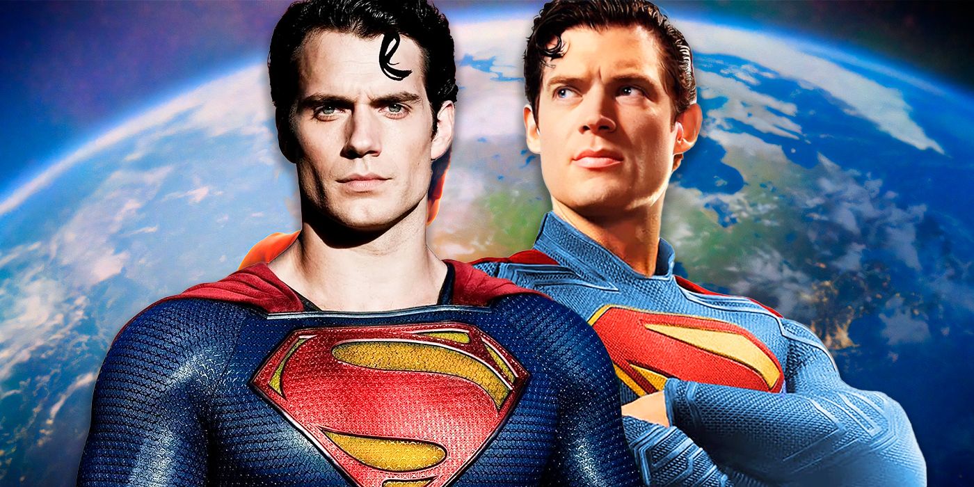 Henry Cavill's Superman and David Corenswet's Superman in the center, with the Earth and space from the Superman and Krypto poster in the background