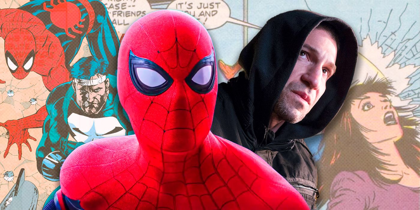 live-action Spider-Man and Punisher with images from Punisher War Journal #15 on the background
