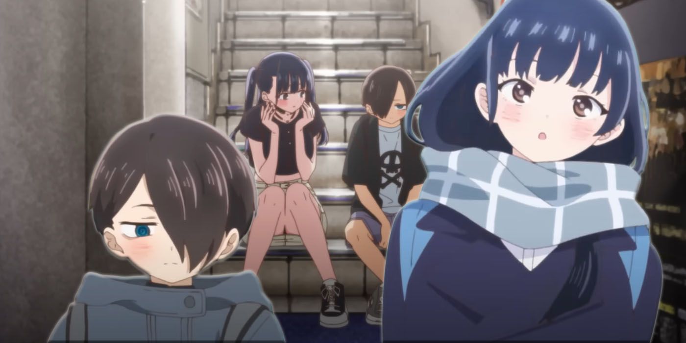 Cutouts of Kyotaro Ichikawa and Anna Yamada stand in front of an image of Kyotaro and Anna sitting on stairs in The Dangers in My Heart