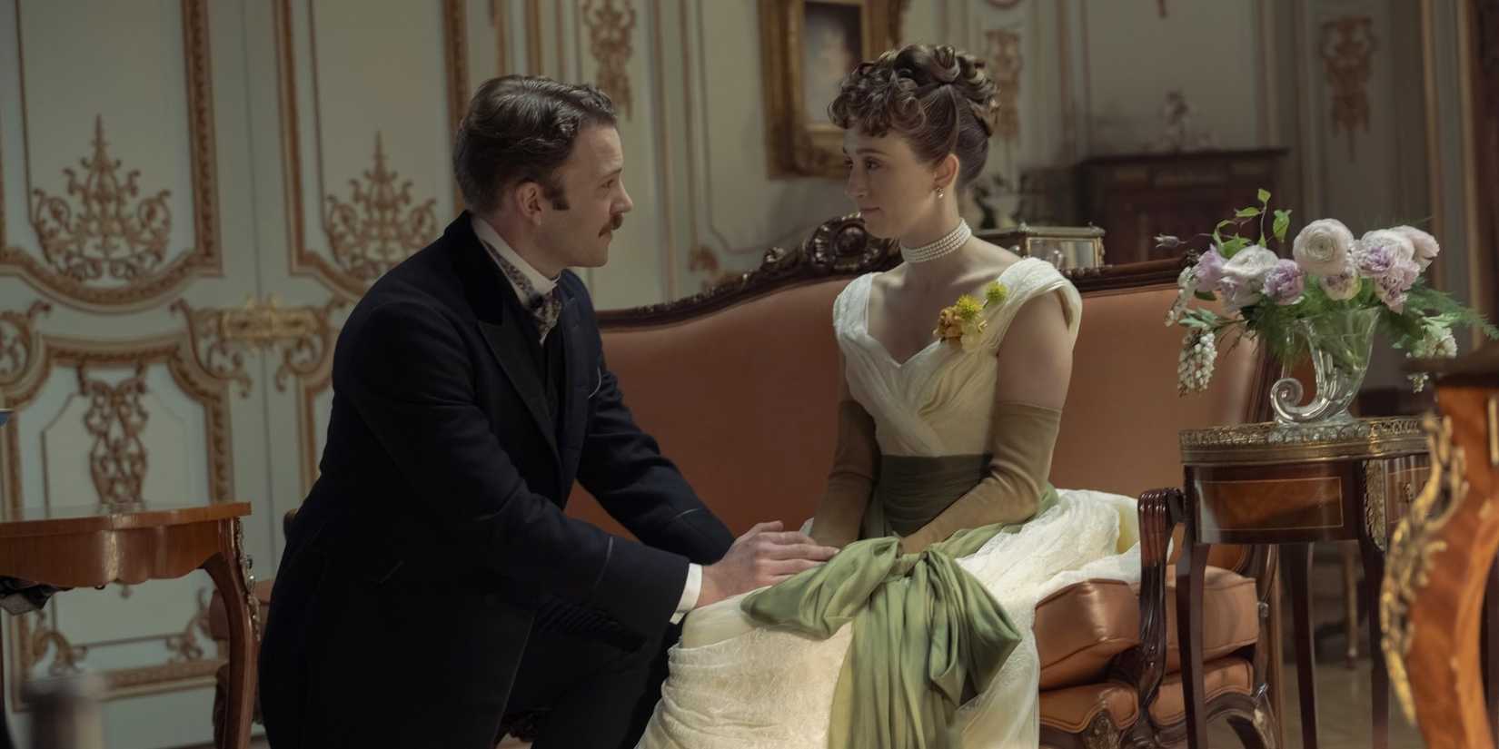 Hector the Duke of Buckingham (Ben Lamb) proposing to Gladys Russell (Taissa Farmiga) in The Gilded Age Season 3.