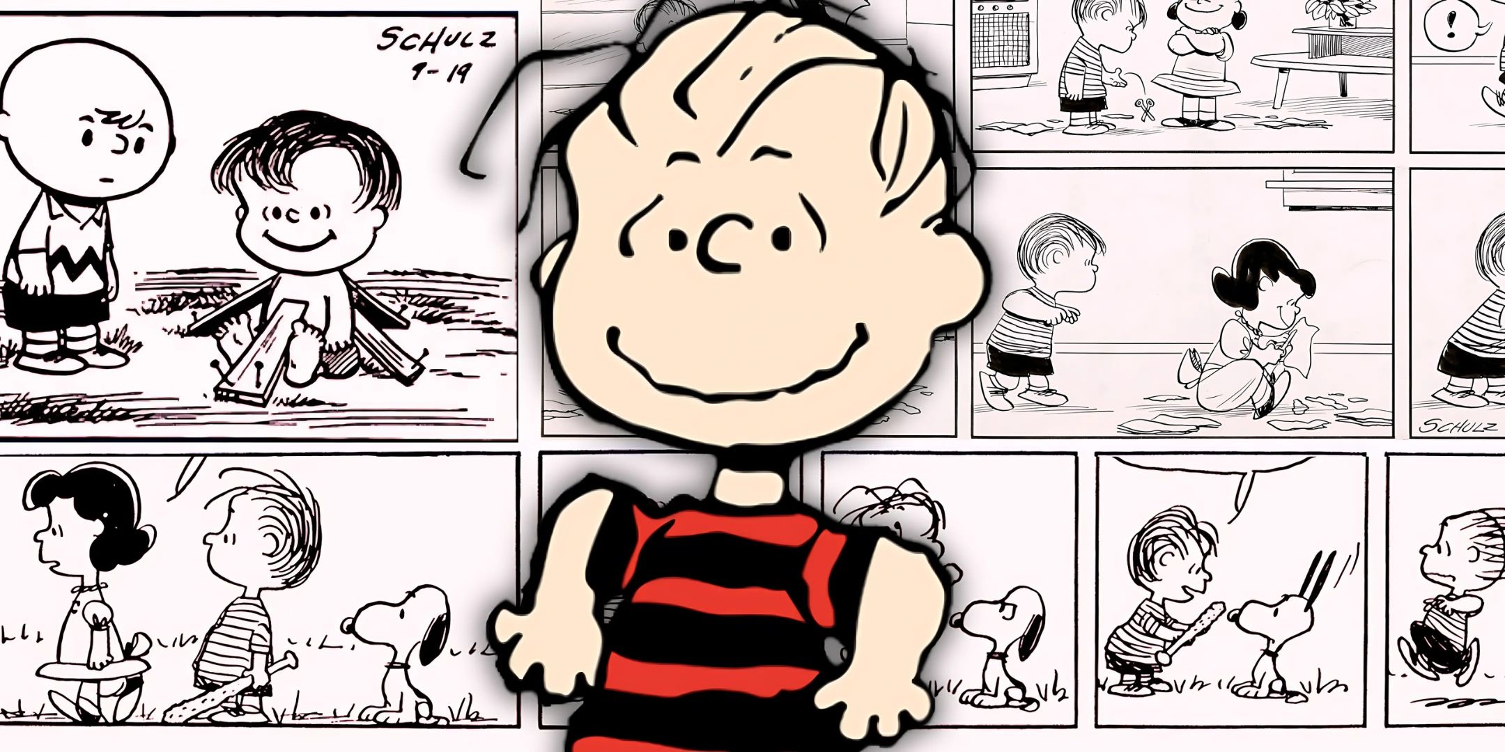 A collage of Linus Van Pelt in front of a selection of Peanuts comics