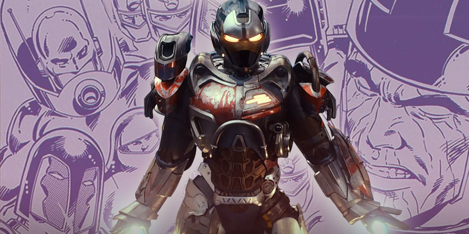 MCU's Ironheart with the cover to Armor Wars in the background