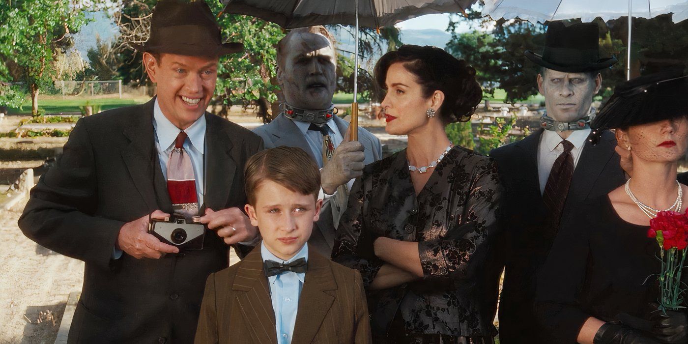 The Robinson family and Fido at a funeral