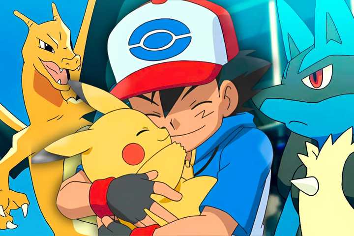Ash hugs Pikachu with Charizard and Lucario - Pokemon anime