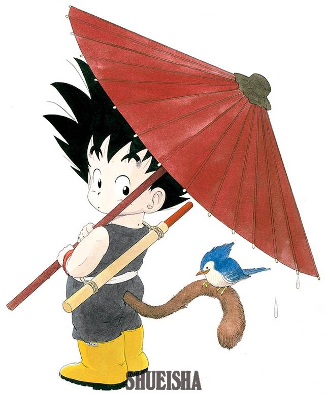 Dragon Ball Goku draft art by Akira Toriyama (1985) with umbrella and rain boots