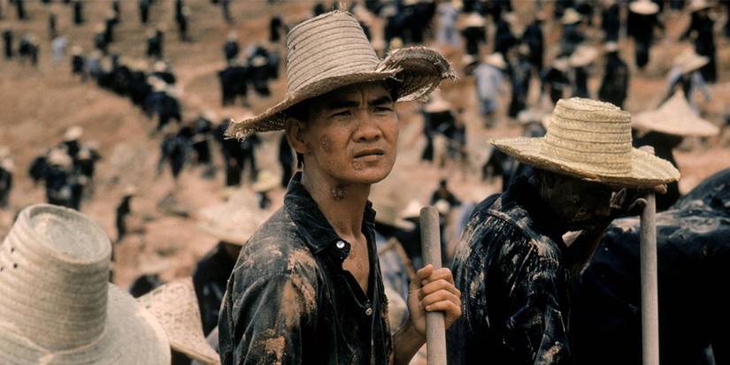 Workers work in an area in the fields of killing.