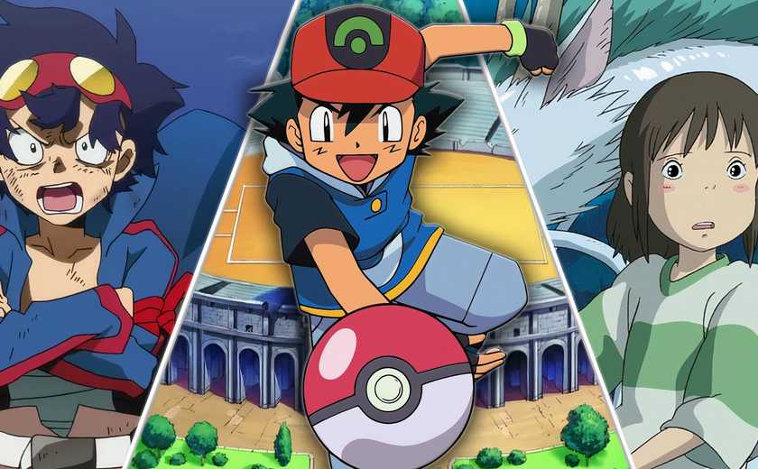 A collage of the main characters from Gurren Lagann, Pokemon, and Spirited Away