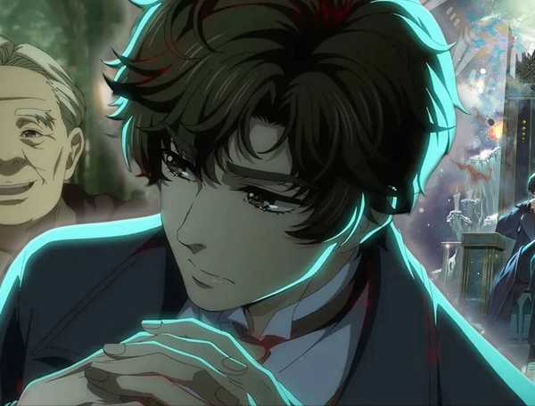 A Lord of Mysteries anime collage featuring Old Neil on the left, Klein in the center, and Klein on a throne on the right