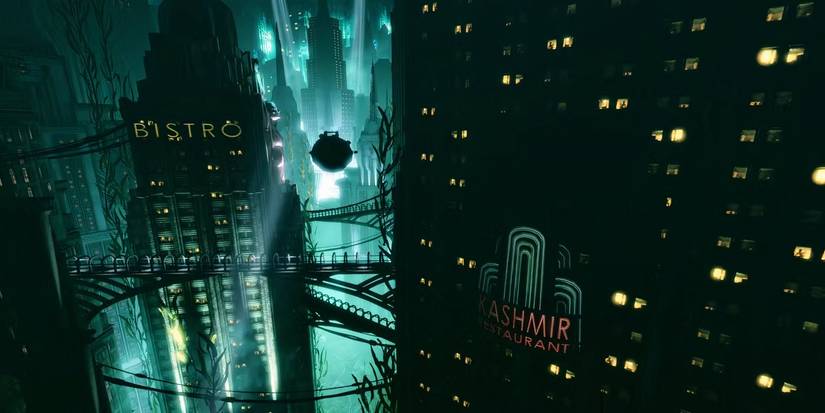 An underwater city with multiple buildings in the background