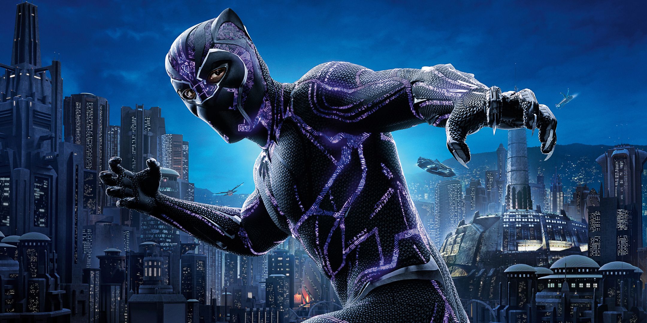 Black Panther poses in front of Wakanda from 2018's MCU film