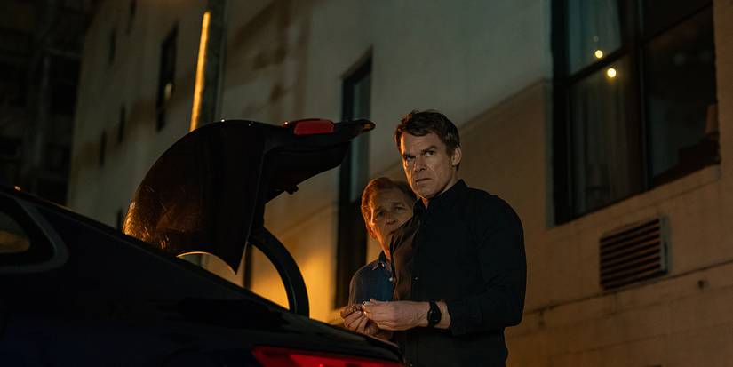 Dexter standing by his car with Harry beside him in Dexter: Resurrection.