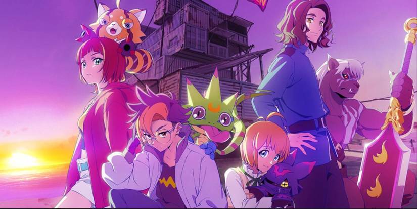 Tomoro and the rest of the Golden Dawn bounty hunters with their Digimon companions in Digimon Beatbreak.