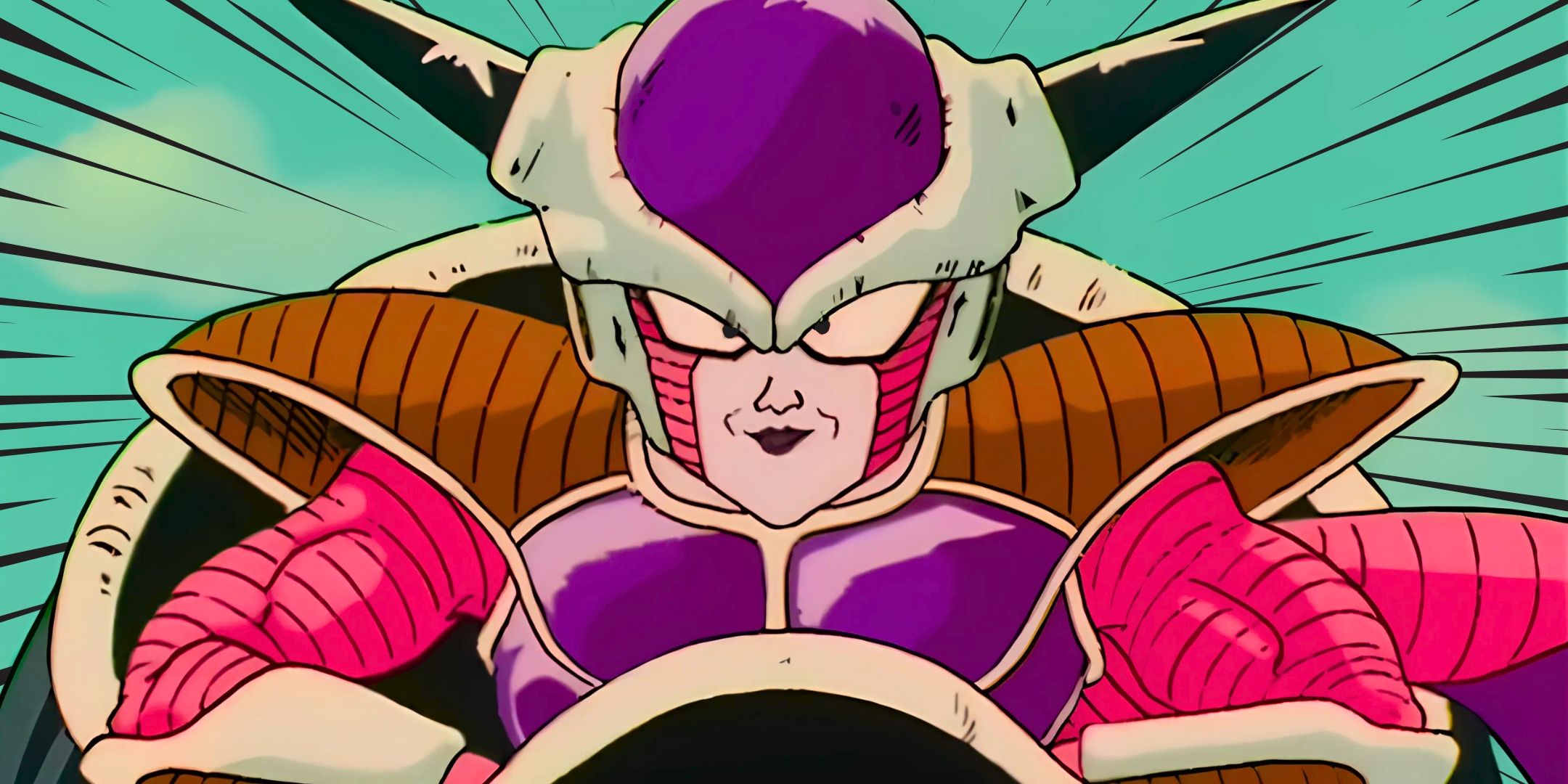 Dragon Ball's Frieza sits confidently inside his hoverpod with a teal background behind him