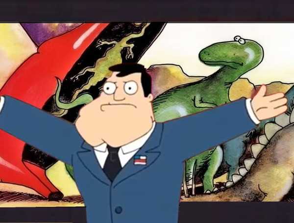 Stan Smith in front of a dinosaur cartoon