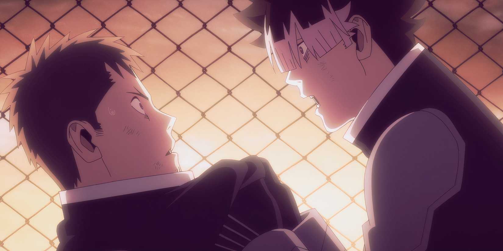 Kaiju No. 8 character Gen Narumi First Division Captain grabs Kafka Hibino by the shirt collar