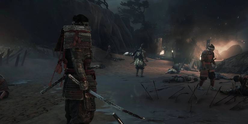 Jin about to face warriors with their backs facing towards him on a beach