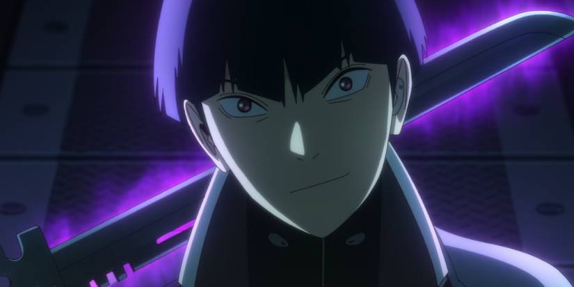 Soshiro Hoshina holds a brilliant purple blade behind his head in the anime Kaiju no. 8
