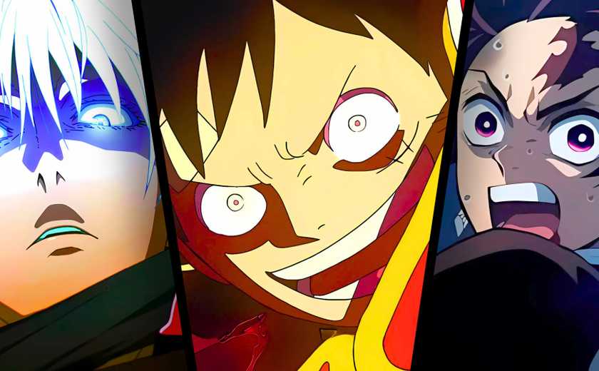 Gojo from Jujutsu Kaisen, Luffy from One Piece and Tanjiro from Demon Slayer anime collage