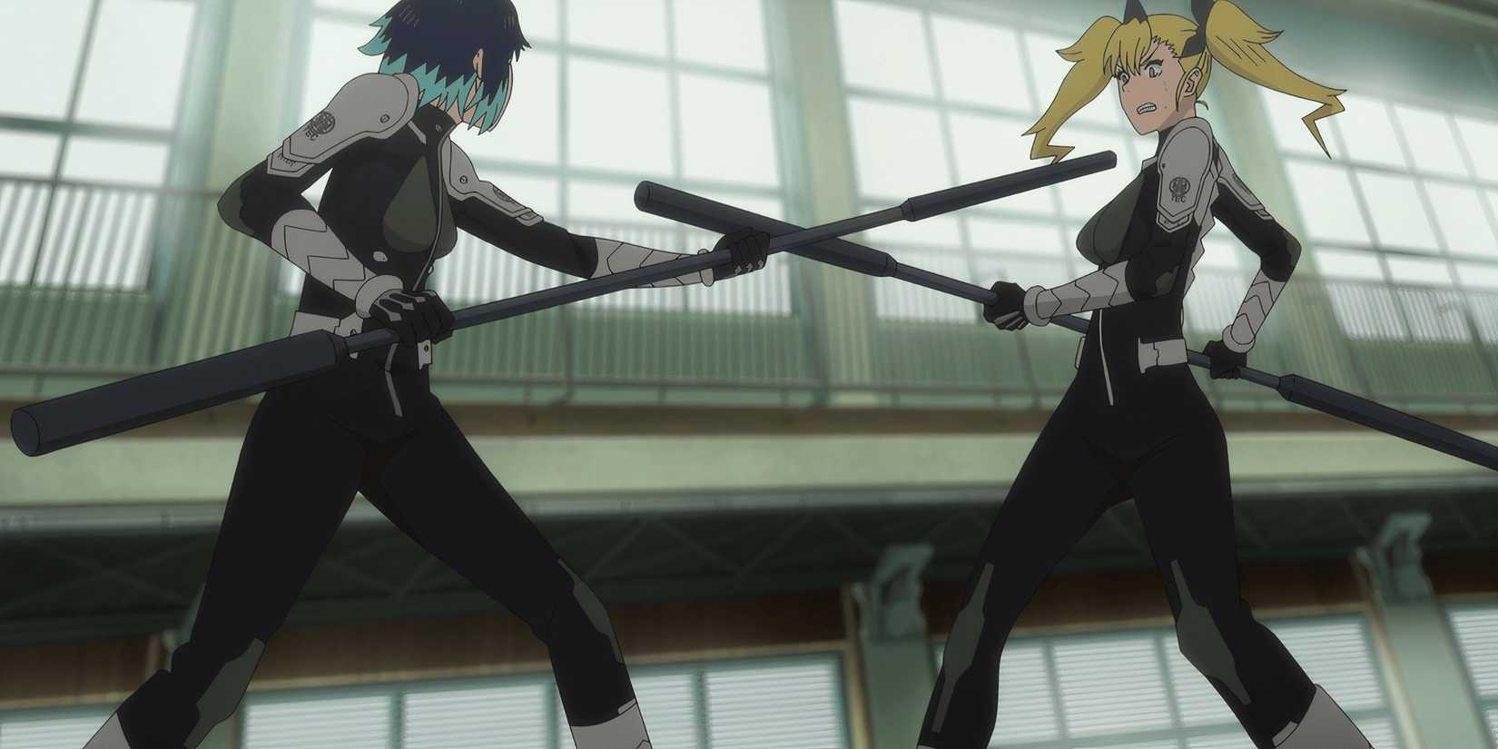 Kaiju No. 8 character Kikoru Shinomiya fights Platoon Leader Shinonome in training battle with staffs