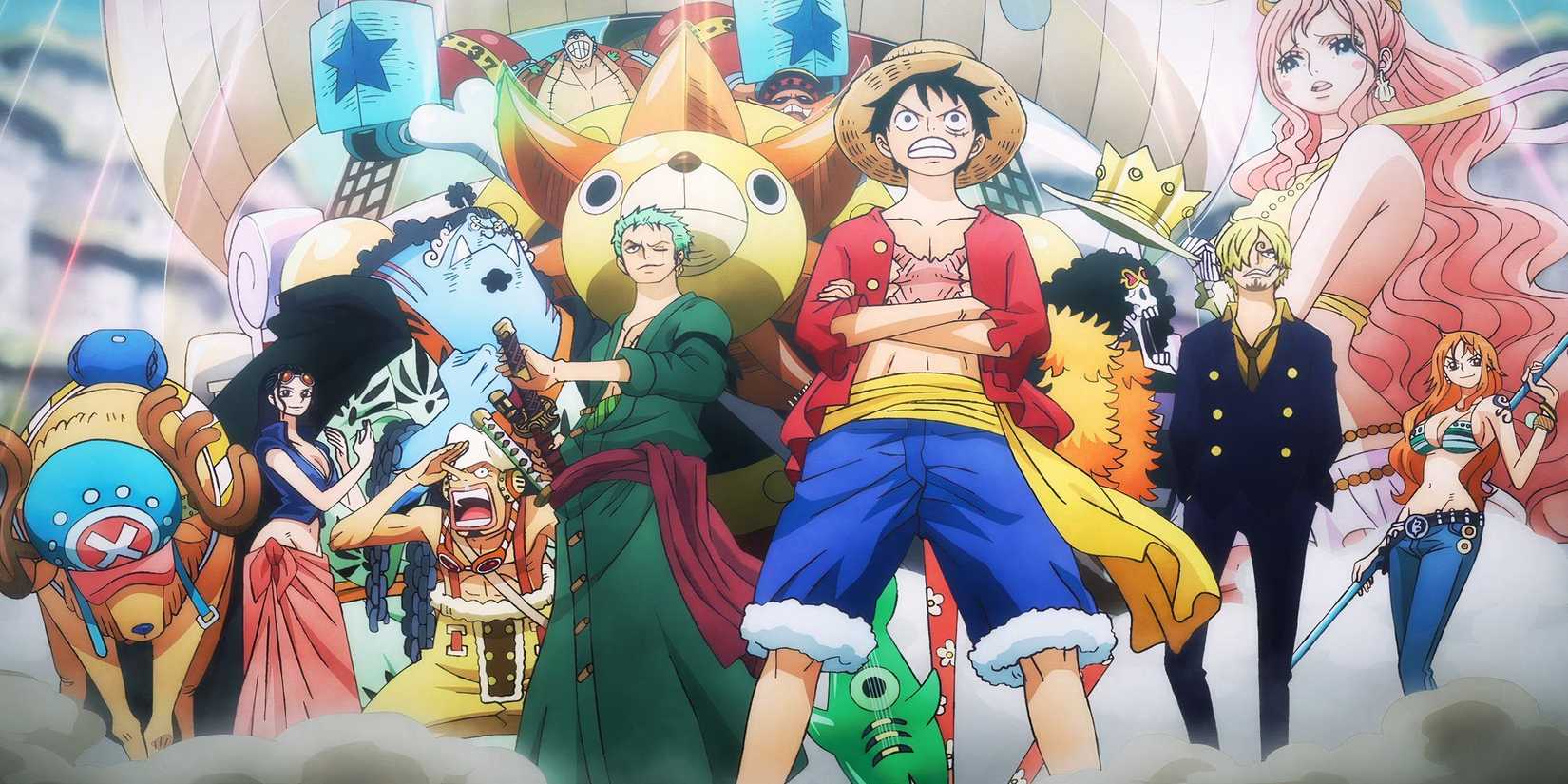 Luffy e os piratas do chapéu de palha em uma peça de peixe-homem da ilha de anime do anime