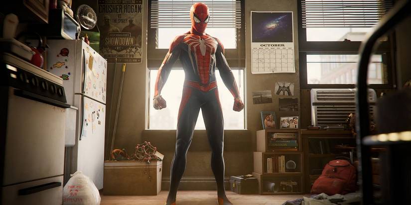 Spider-Man standing in a very messy apartment