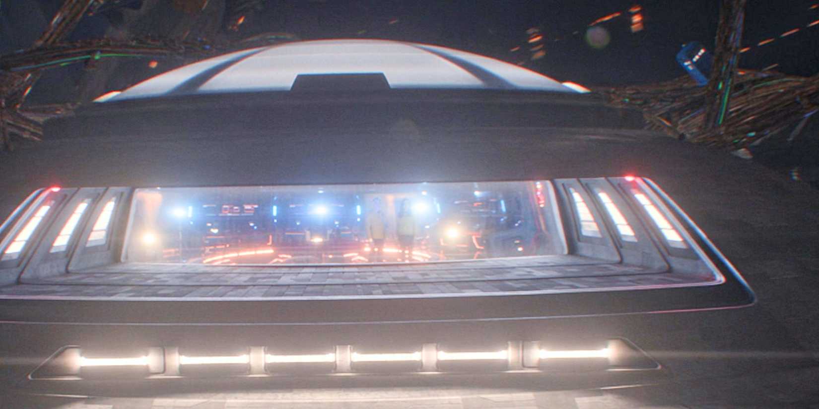The corporate saucer dome, with Pike and number one in the view screen, with the Tardis in the background
