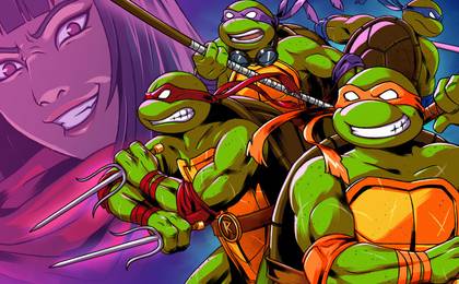 The Teenage Mutant Ninja Turtles with their weapons drawn with a lady in the background