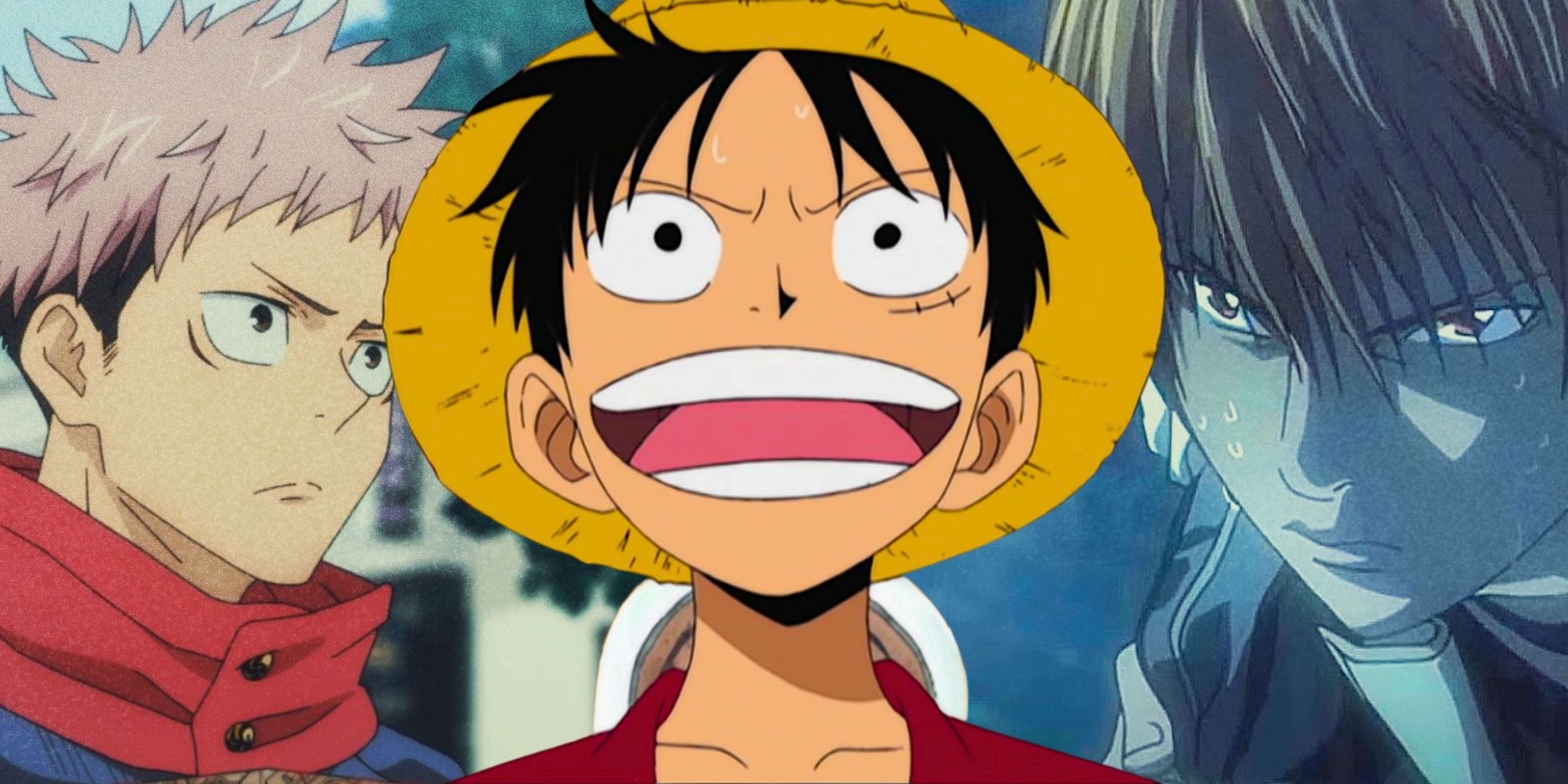 Kolase yang menampilkan Luffy dari One Piece, Yuji dari Jujutsu Kaisen, dan Light Yagami dari Death Note.
