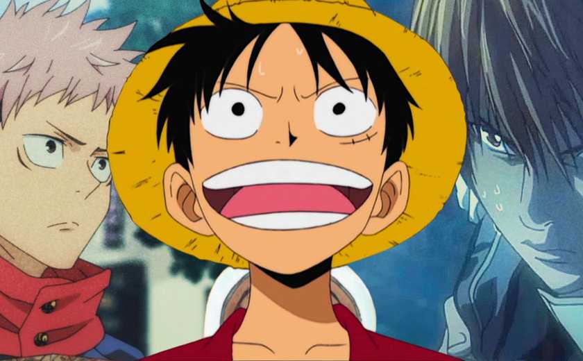 A collage featuring Luffy from One Piece, Yuji from Jujutsu Kaisen, and Light Yagami from Death Note.