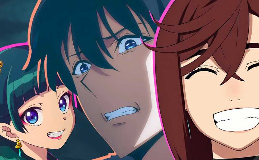 A collage featuring Maomao from The Apothecary Diaries, Sung Jinwoo from Solo Leveling and Momo Ayase from Dandadan