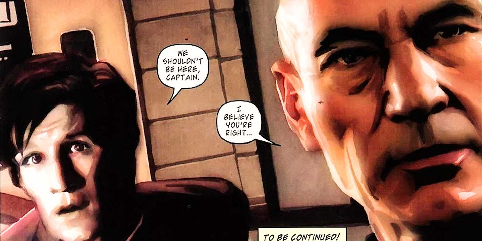 The eleventh doctor and Jean Luc Picard on the bridge of the comic strip company Star Trek and Doctor Who Crossover