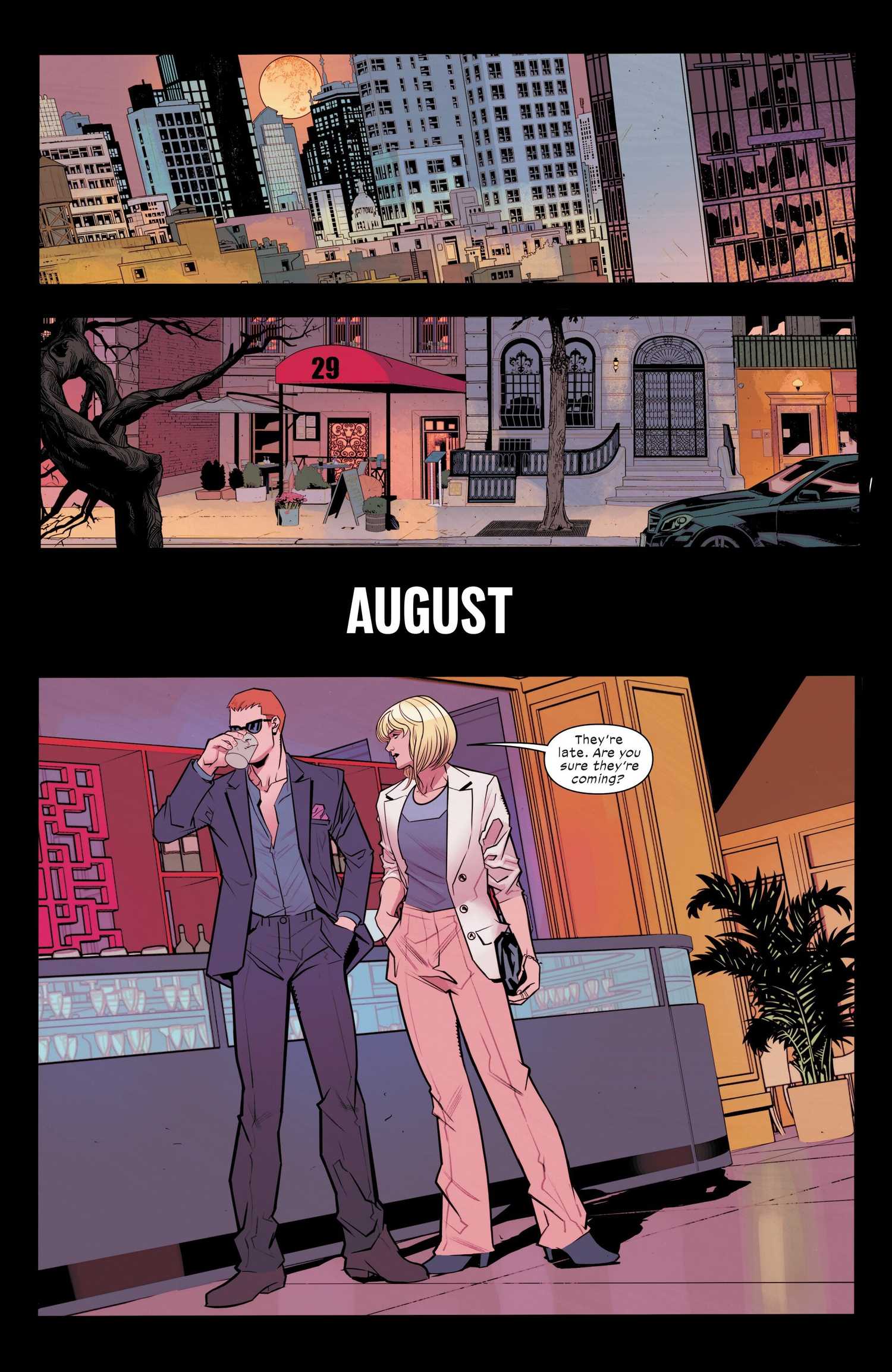 Gwen and Harry are waiting for Peter and Mary Jane